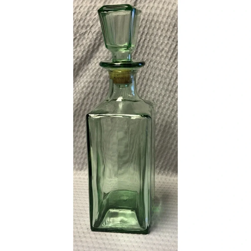 Vintage MCM Green Glass Decanter with Stopper Square Barware Collectibles 10